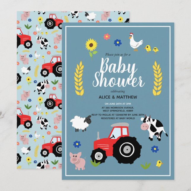 Cute Boys Country Farm Animal Tractor Baby Shower Invitation (Front/Back)