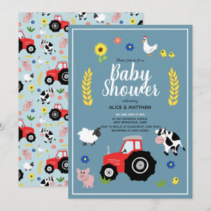 Cute Boys Country Farm Animal Tractor Baby Shower Invitation