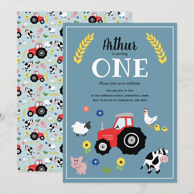 Cute Boys Farm Animals & Red Tractor 1st Birthday Invitation (Front/Back)
