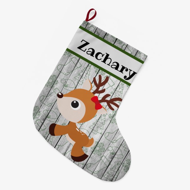 Cute Boys Festive Reindeer Personalised Large Christmas Stocking (Front (Hanging))