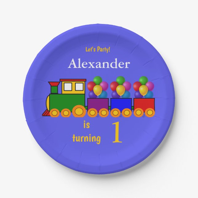 Cute Boy's First Birthday Train and Balloons Paper Plate (Front)