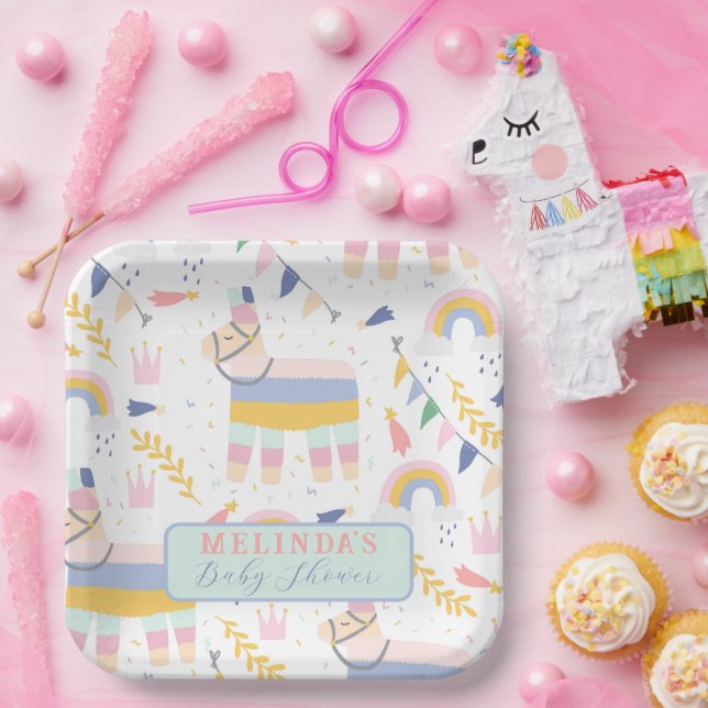 Cute Boy's Llama Rainbow Baby Shower  Paper Plate (Party)