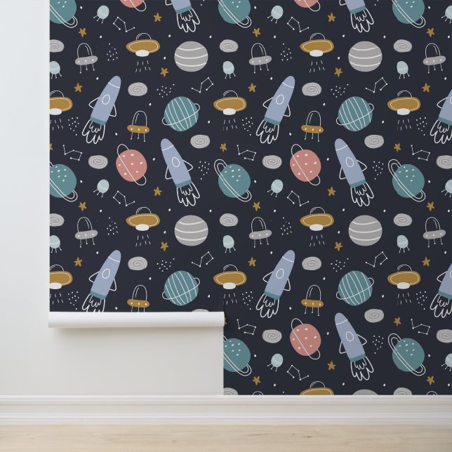 Cute Boys Pattern Rocket and Cosmos Pattern Wallpaper (Application)