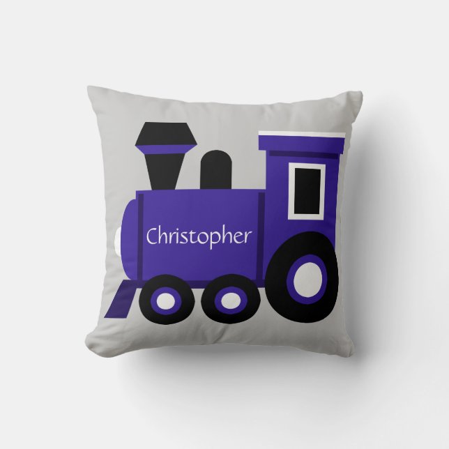 Cute Boy's Pillow, Blue Train w/ Name Cushion (Front)