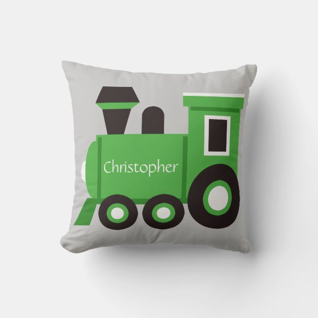 Cute Boy's Pillow, Green Train w/ Name Cushion (Front)