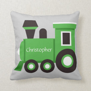 Cute Boy's Pillow, Green Train w/ Name Cushion