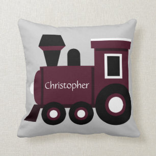 Cute Boy's Pillow, Maroon Train w/ Name Cushion