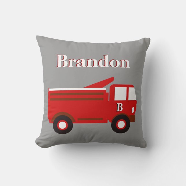 Cute Boy's Pillow, Red Firetruck on Grey, add Name Cushion (Front)