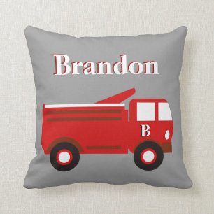 Cute Boy's Pillow, Red Firetruck on Grey, add Name Cushion