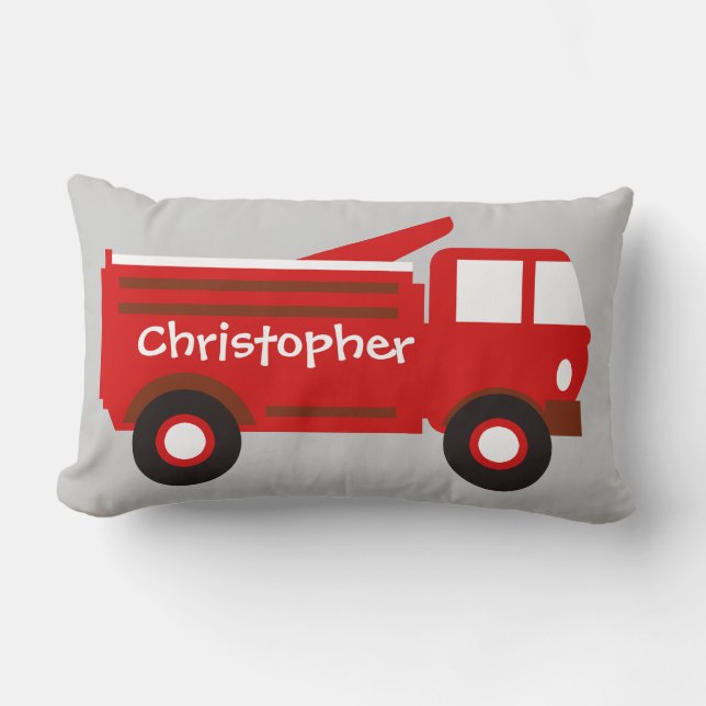 Cute Boy's Pillow, Red Firetruck w/ Name Lumbar Cushion (Front)