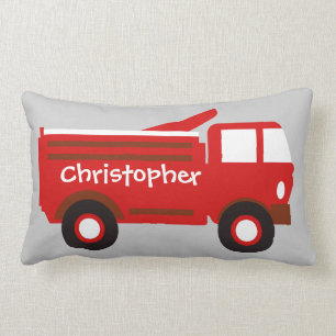 Cute Boy's Pillow, Red Firetruck w/ Name Lumbar Cushion