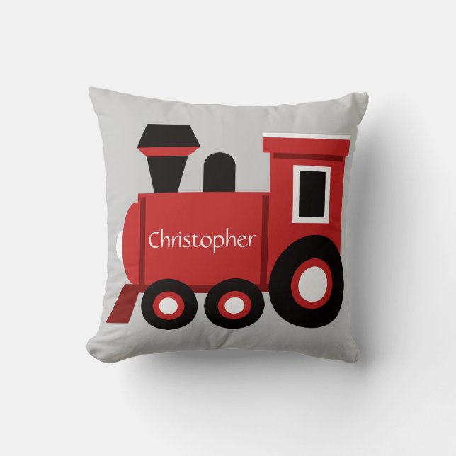 Cute Boy's Pillow, Red Train w/ Name Cushion (Front)