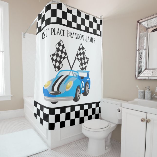 cute boys race car first place decor shower curtain (In Situ)