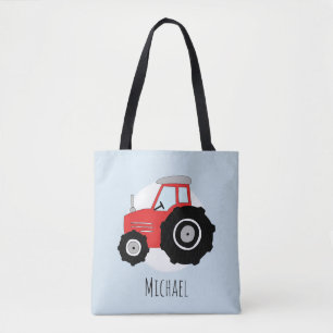 Cute Boy's Red Farmer's Tractor with Name Tote Bag
