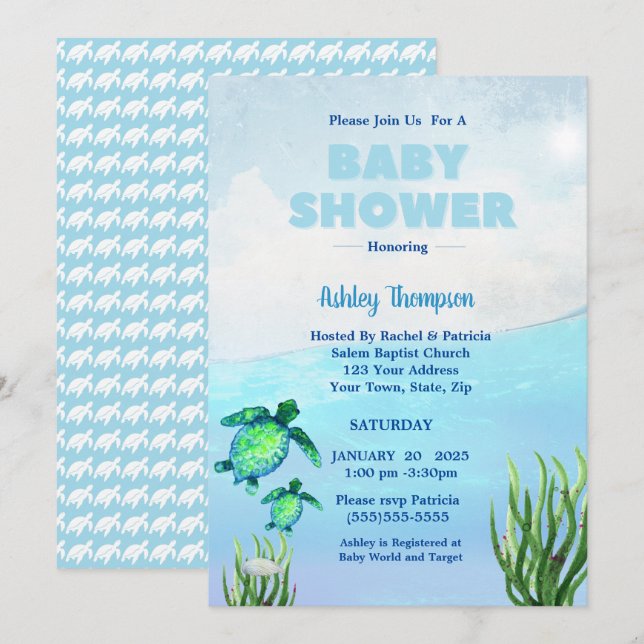 Cute Boys Sea Turtles Baby Shower Invitation (Front/Back)