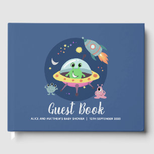 Cute Boys Space Alien Blue Baby Shower Guest Book