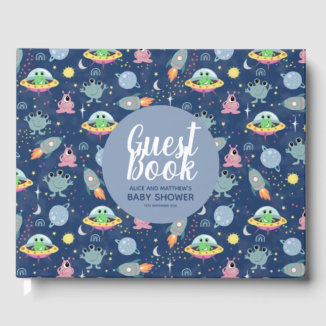Cute Boys Space Pattern Baby Shower Guest Book (Front)