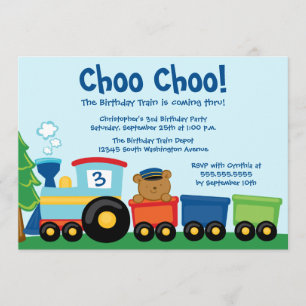 Cute boy's train bear birthday party invitation
