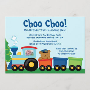 Cute boy's train birthday party photo invitation