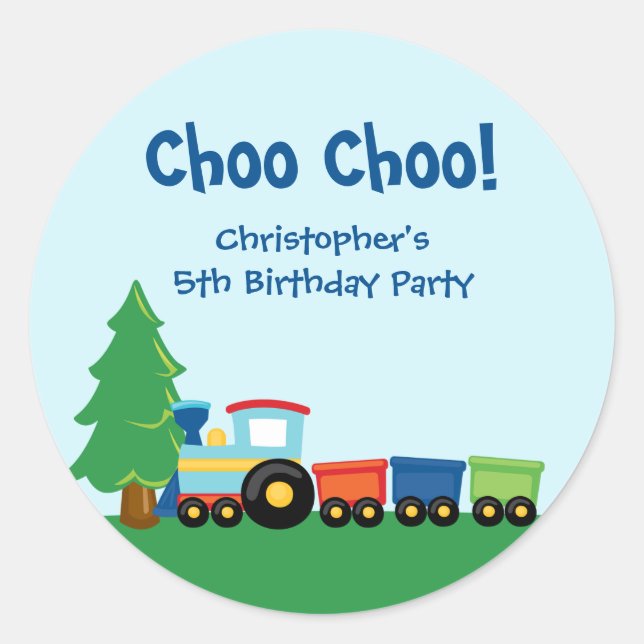 Cute boy's train birthday party stickers (Front)