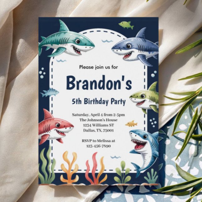 Cute Boys Watercolor Shark Birthday Party Invitation (Creator Uploaded)
