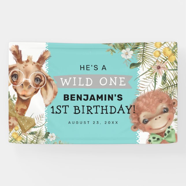 Cute Boys Wild One Jungle Birthday Party Banner (Horizontal)