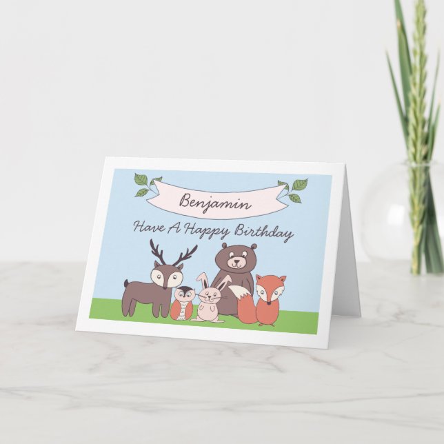 Cute Boys Woodland Animals Birthday Card (Front)