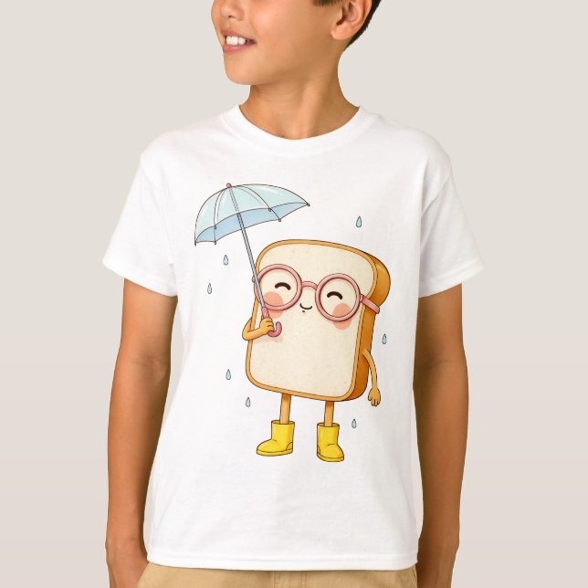 Cute Bread Character with Umbrella – Cosy Rainy T-Shirt (Front)