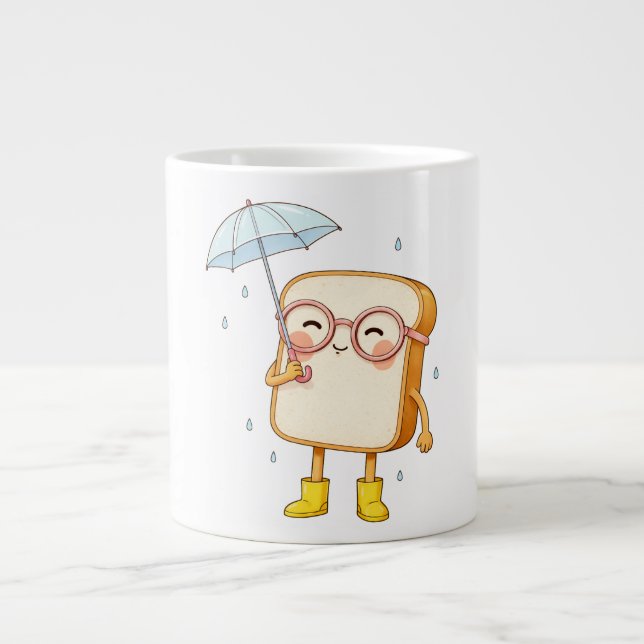 Cute Bread Character with Umbrella – Cozy Rainy  Large Coffee Mug (Front)