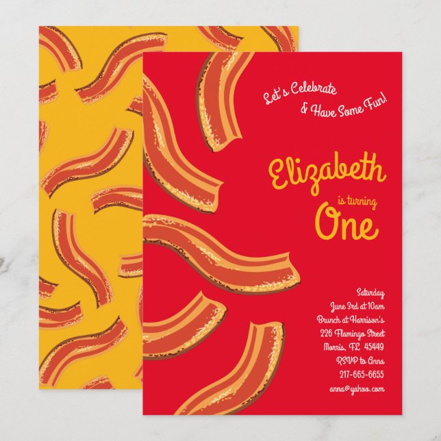 Cute Breakfast Brunch Kid 1st Birthday Party Bacon Invitation (Front/Back)