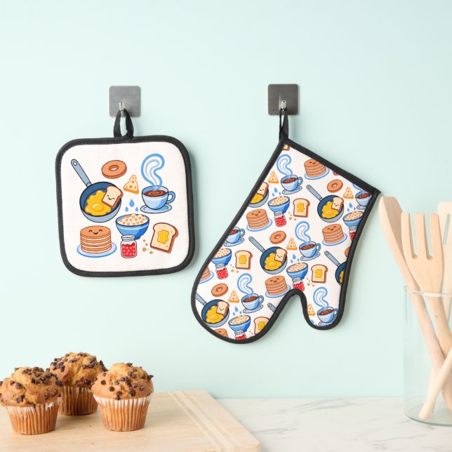 Cute Breakfast Pattern – Kawaii Food Seamless Oven Mitt & Pot Holder Set (Insitu(Hanging))