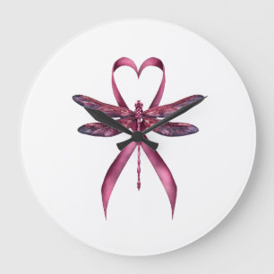 Cute Breast Cancer Heart Dragonflies Awareness Wom Large Clock