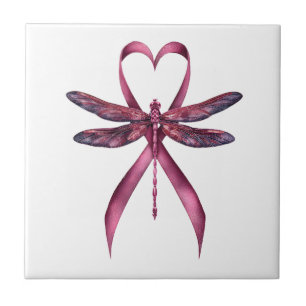 Cute Breast Cancer Heart Dragonflies Awareness Wom Tile