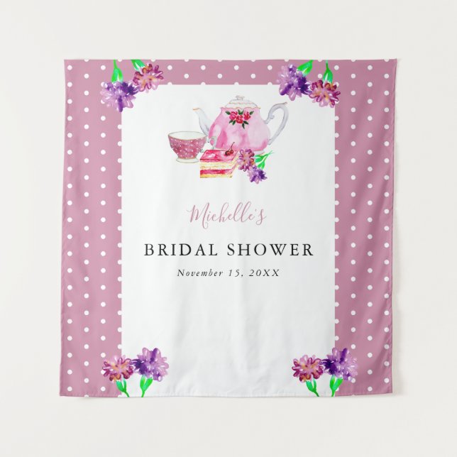 Cute Bridal Shower Tea Party Pink Background Tapestry (Front)