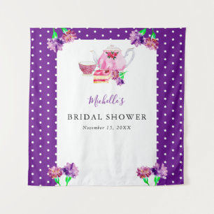Cute Bridal Shower Tea Party Purple Background  Tapestry