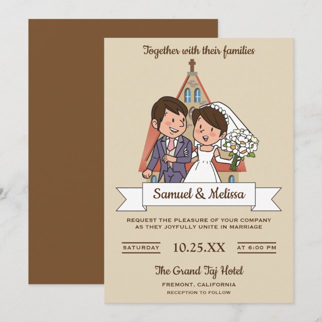 Cute Bride and Groom Couple Wedding Invitation (Front/Back)