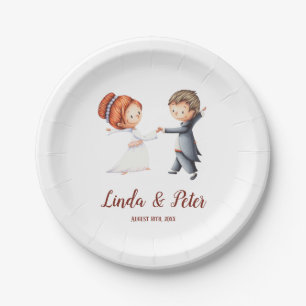 Cute Bride and Groom Dancing Illustrated Party Paper Plate