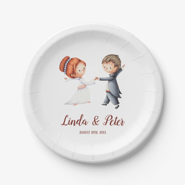 Cute Bride and Groom Dancing Illustrated Party Paper Plate (Front)