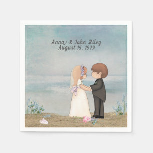 cute bride and groom on beach napkin