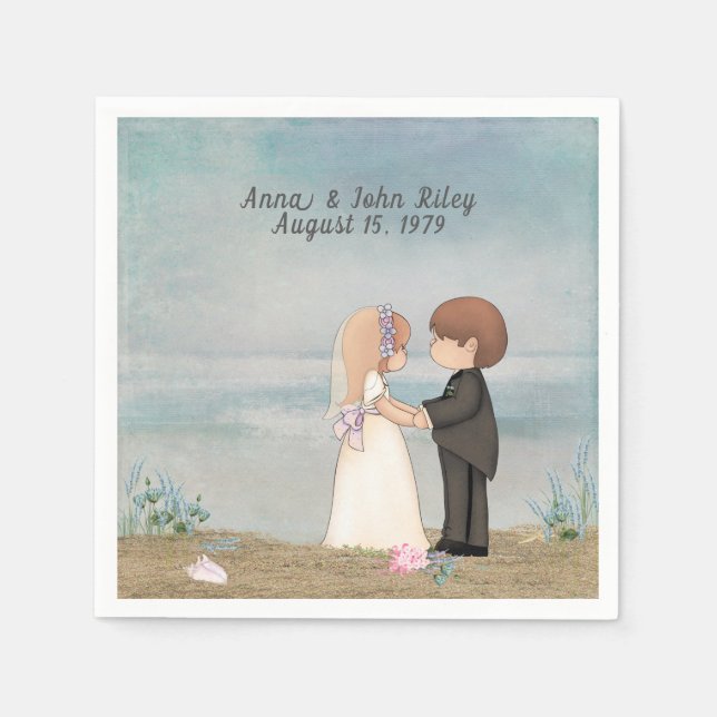 cute bride and groom on beach napkin (Front)