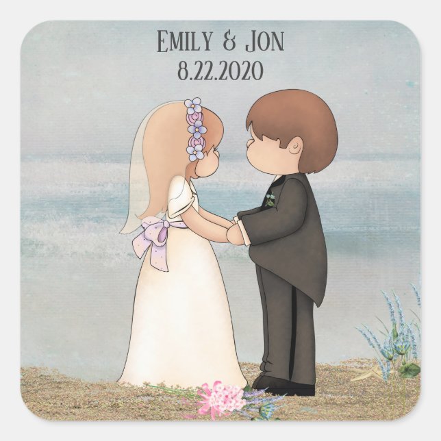 cute bride and groom on beach square sticker (Front)