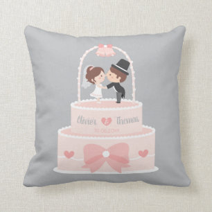 Cute Bride and Groom Pink Wedding Cake Pillow