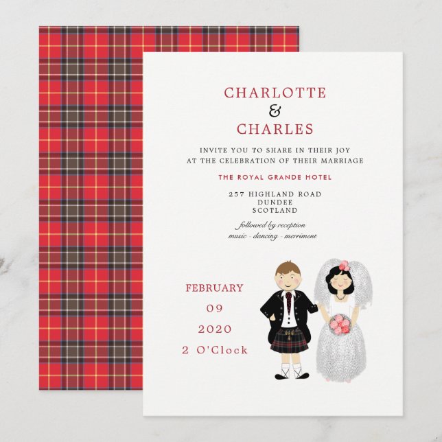 Cute Bride and Groom Scottish Tartan Wedding Theme Invitation (Front/Back)
