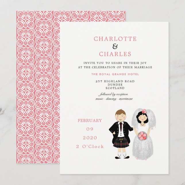 Cute Bride and Groom Scottish Wedding Theme Invitation (Front/Back)