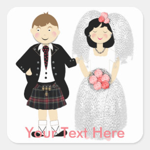 Cute Bride and Groom Scottish Wedding Theme Square Sticker