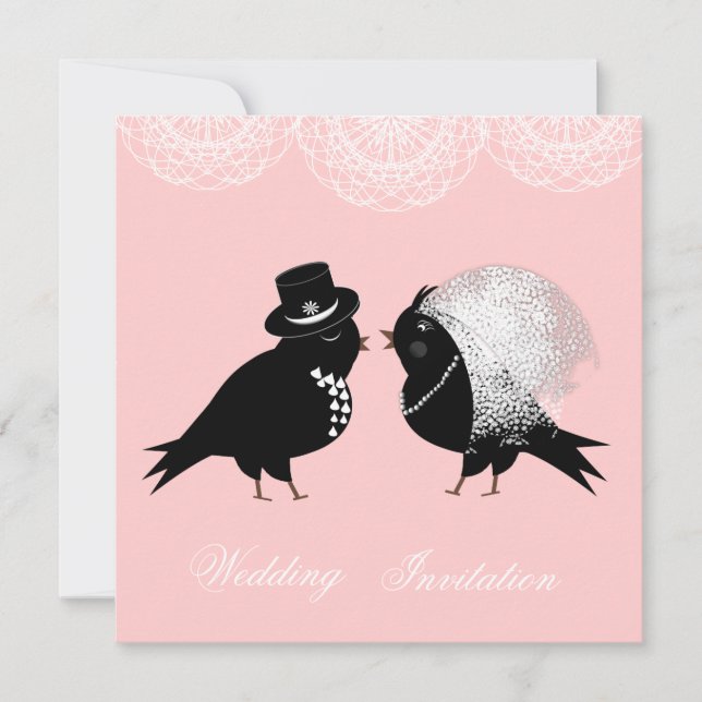 Cute Bride and Groom Whimsical Love Birds Invitation (Front)