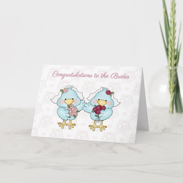 Cute Bride Birds, Lesbian Wedding Congratulations Card (Front)