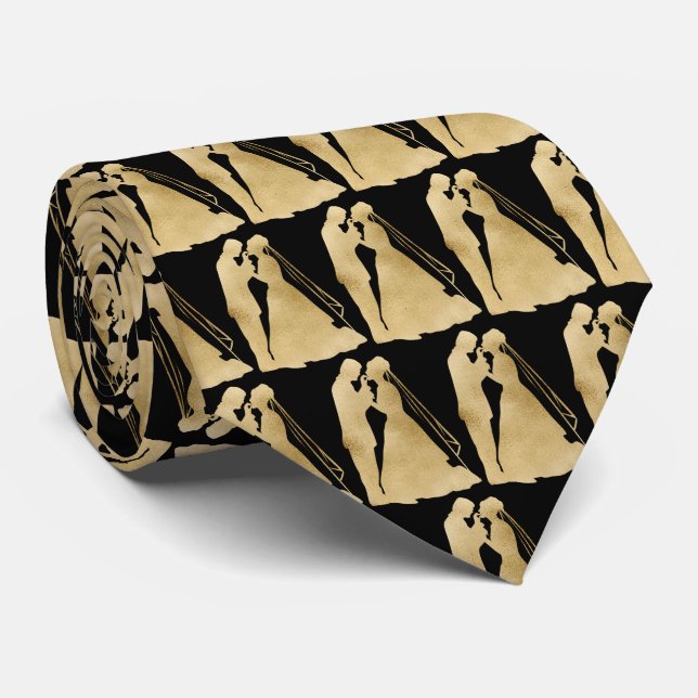 cute Bride Groom black gold wedding  Tie (Rolled)