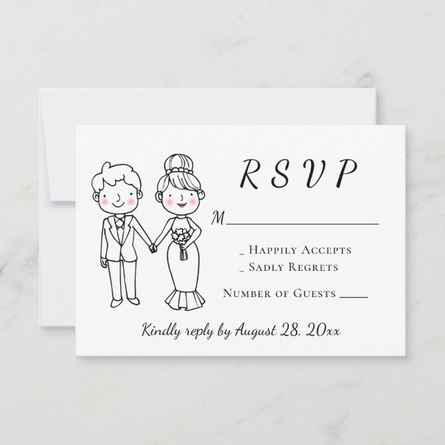 Cute Bride Groom Black White Wedding RSVP (Front)
