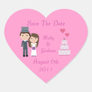 Cute Bride & Groom & Cake Pink Save The Date Heart Sticker